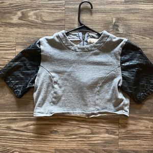 Grey & leather sleeve crop tank top